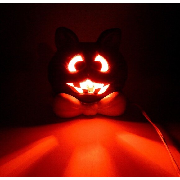 Hand Painted Ceramic Mold Grinning Cat Head Bowtie Lamp 2 PC Table Light - Picture 2 of 11